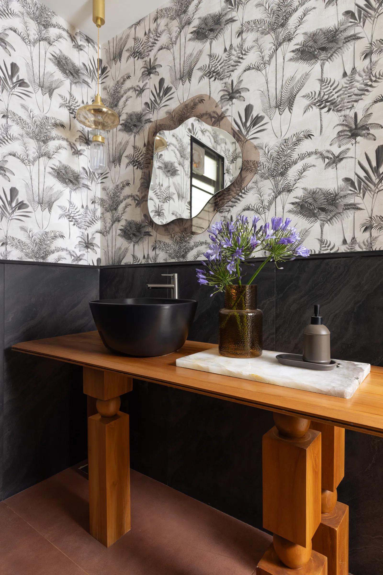 Powder room with botanical wallpaper and timber vanity — Seema Katta Svasa
